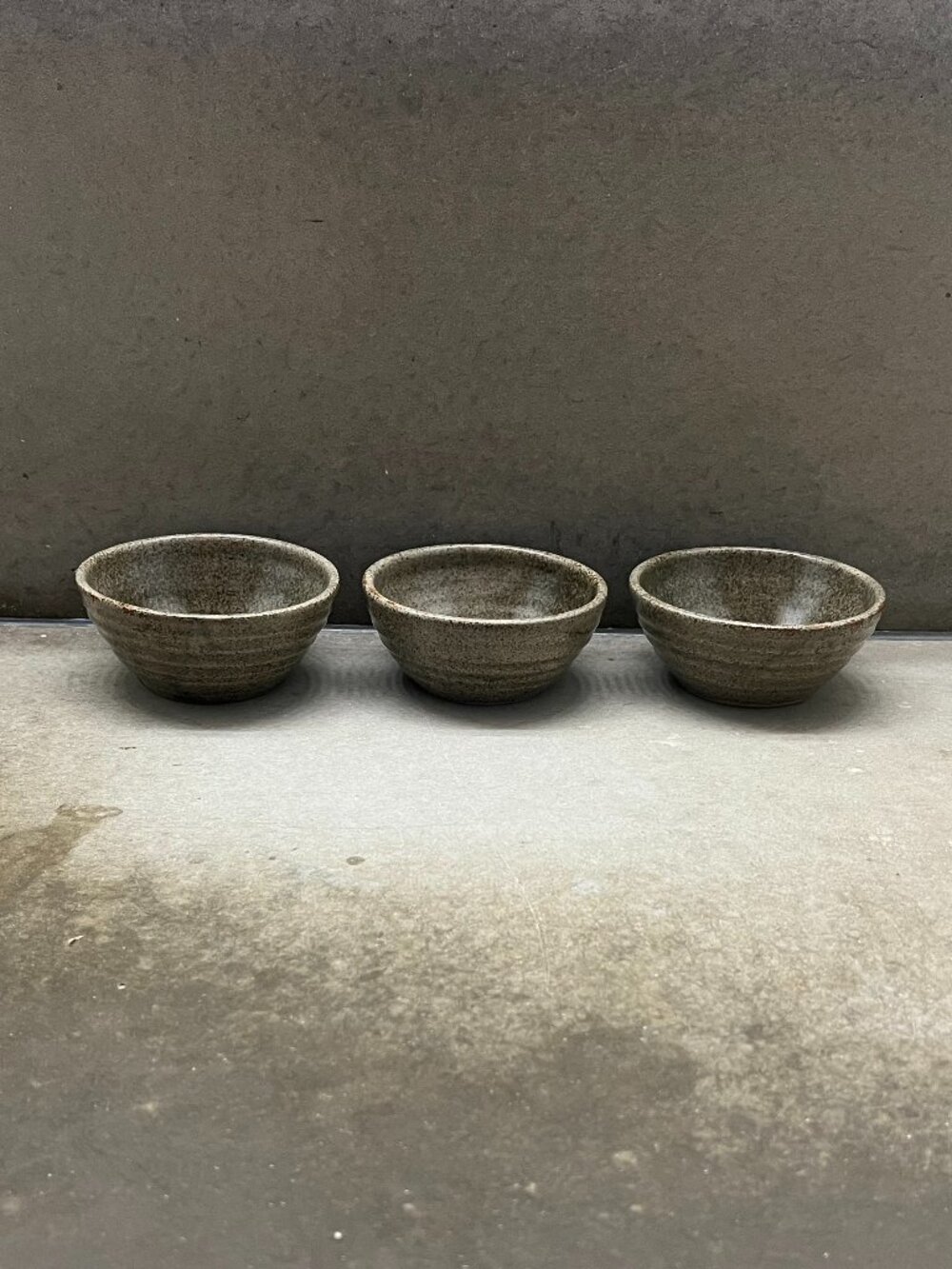 Trio of Small Handmade Sage Green Pottery Bowls, Artist Signed